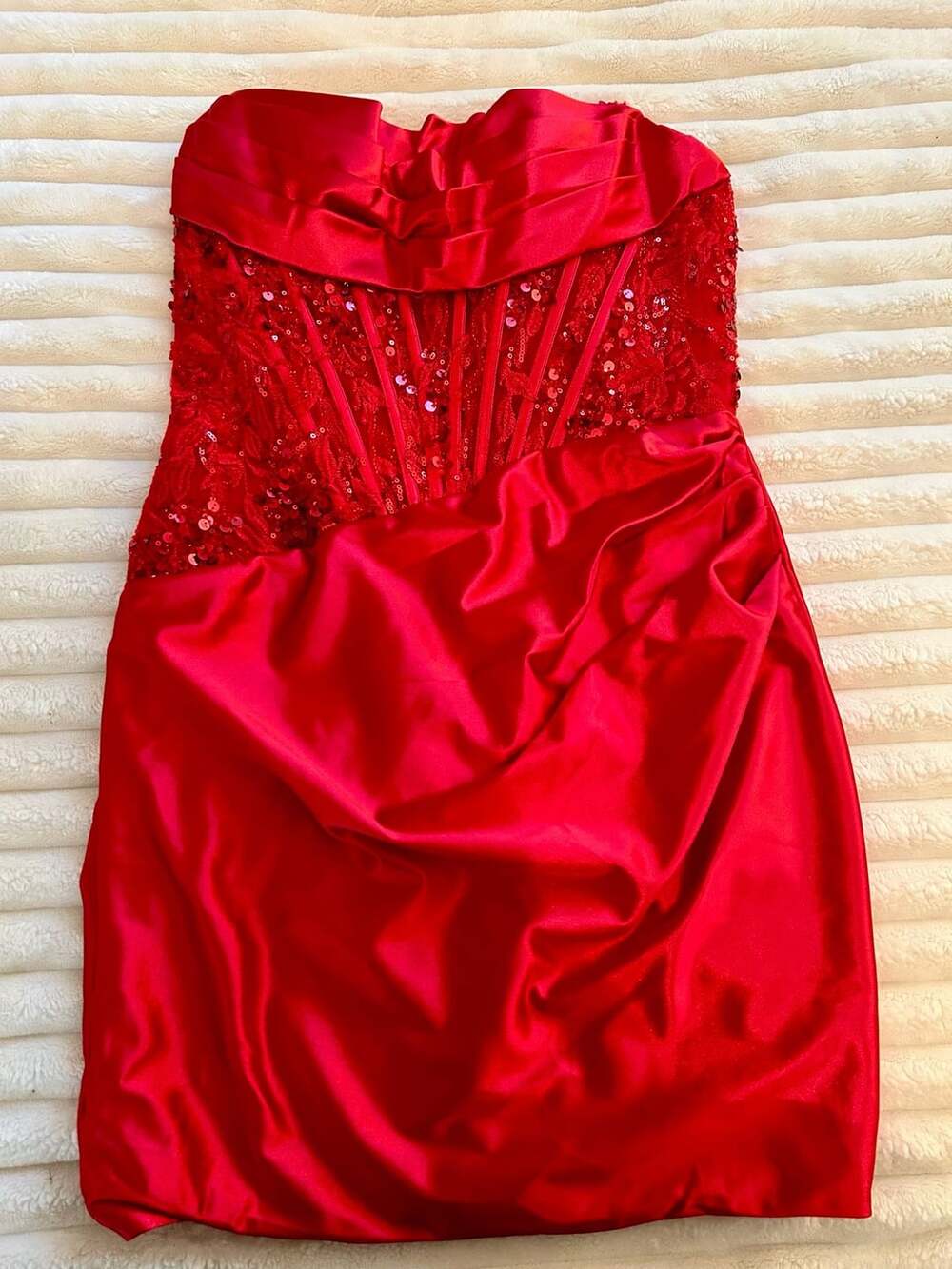 NWT Stacees Strapless Corset Mini Dress Size US6 Red Satin